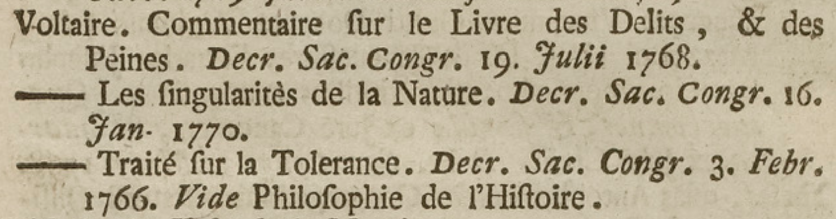 Some of Voltaire's works in the 1770 edition of the Index